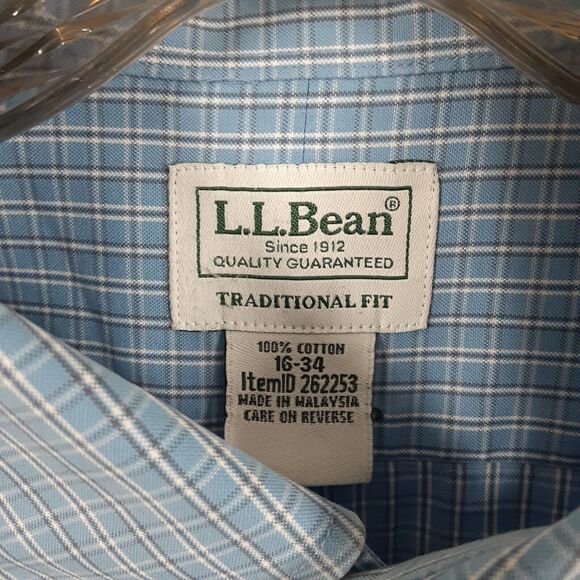 LL Bean Adult Mens 16-34 Traditional Fit Blue Plaid Long Sleeve Button Up Shirt - Picture 4 of 8